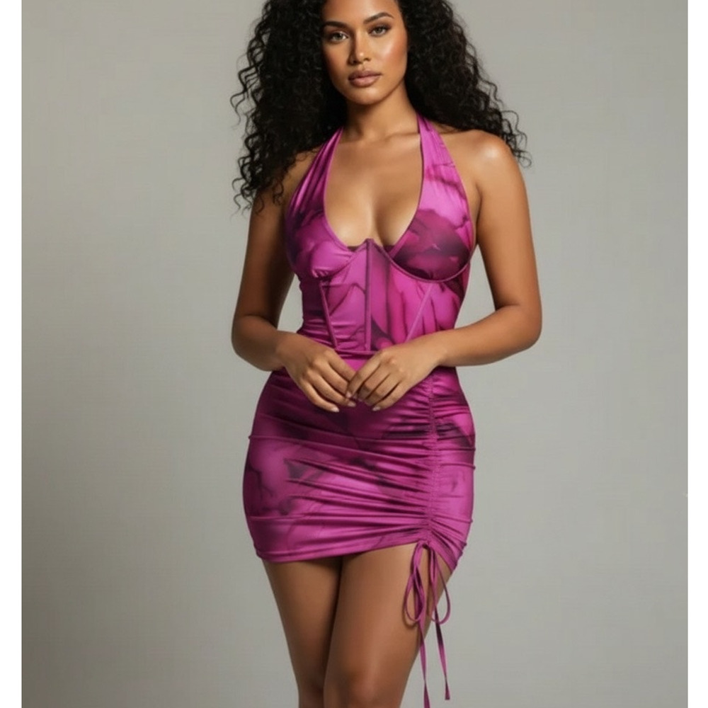 NWT Halter Mini Dress Womens M Purple Tie Dye Ruched Backless Clubwear Birthday